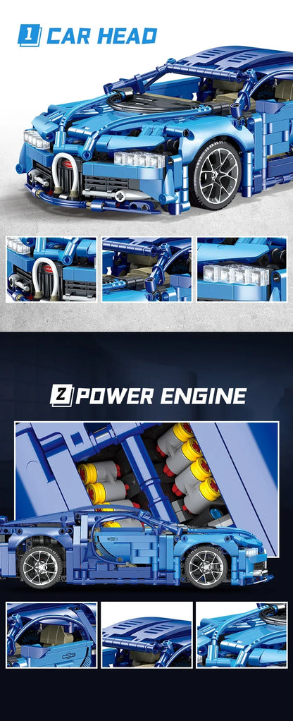 1:14 Scale Bugatti Racing Car Building Block Model with Light and Remote Control Unit - 1352+ pieces