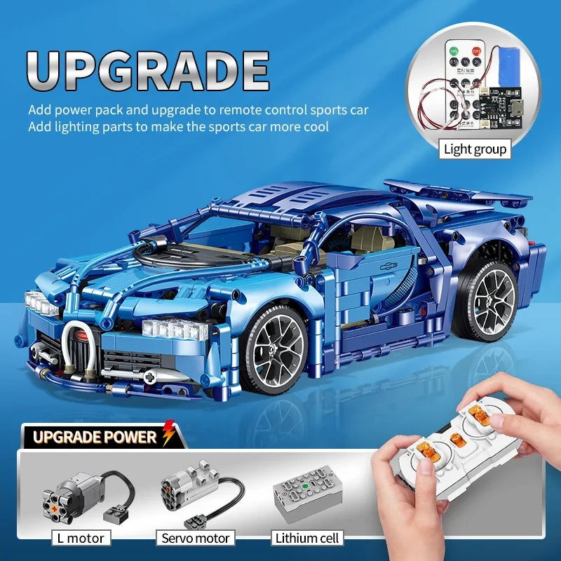 1:14 Scale Bugatti Racing Car Building Block Model with Light and Remote Control Unit - 1352+ pieces