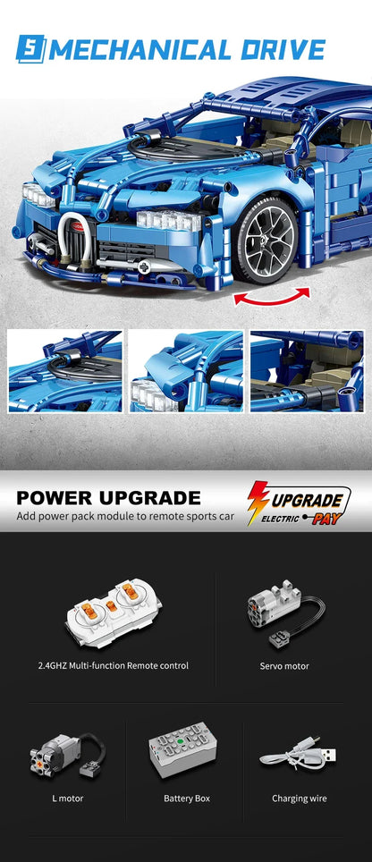 1:14 Scale Bugatti Racing Car Building Block Model with Light and Remote Control Unit - 1352+ pieces