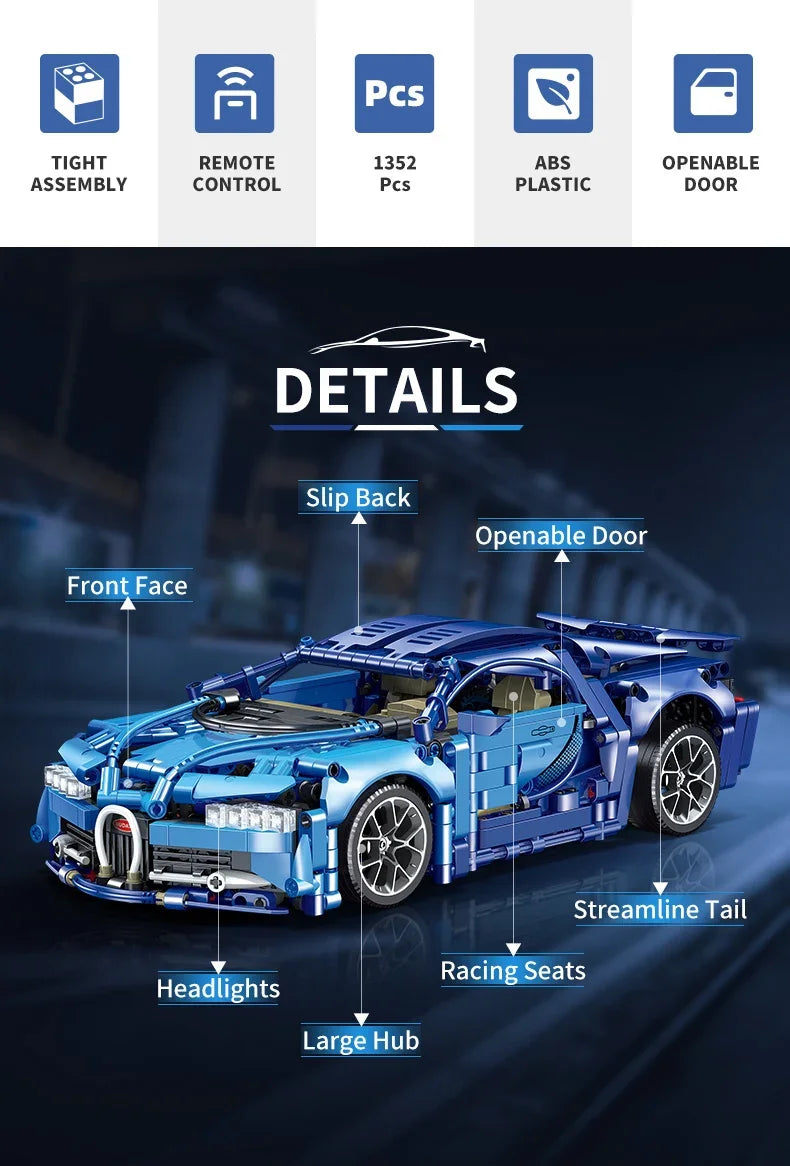 1:14 Scale Bugatti Racing Car Building Block Model with Light and Remote Control Unit - 1352+ pieces