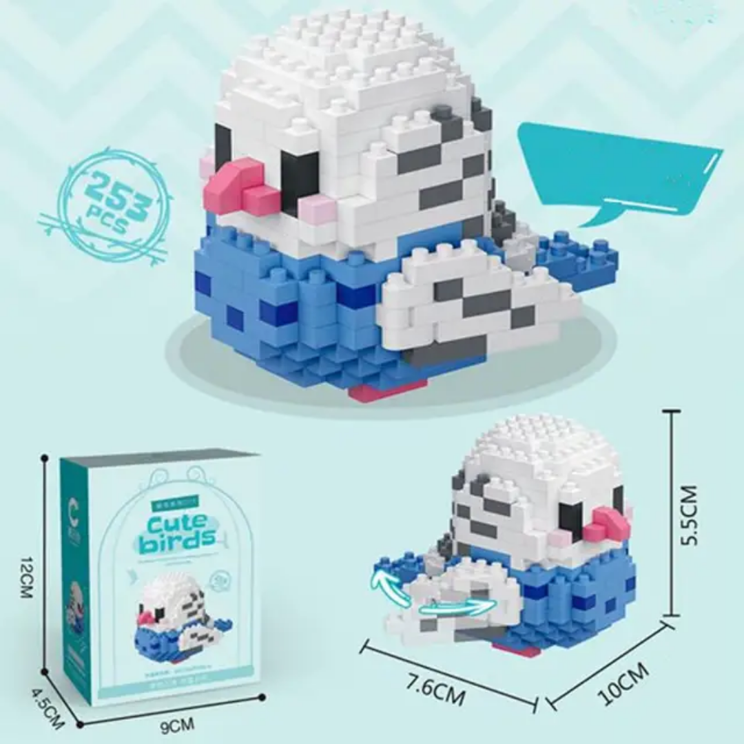 Azure Budgie DIY Cute Birds building set — 253 pcs, size and box