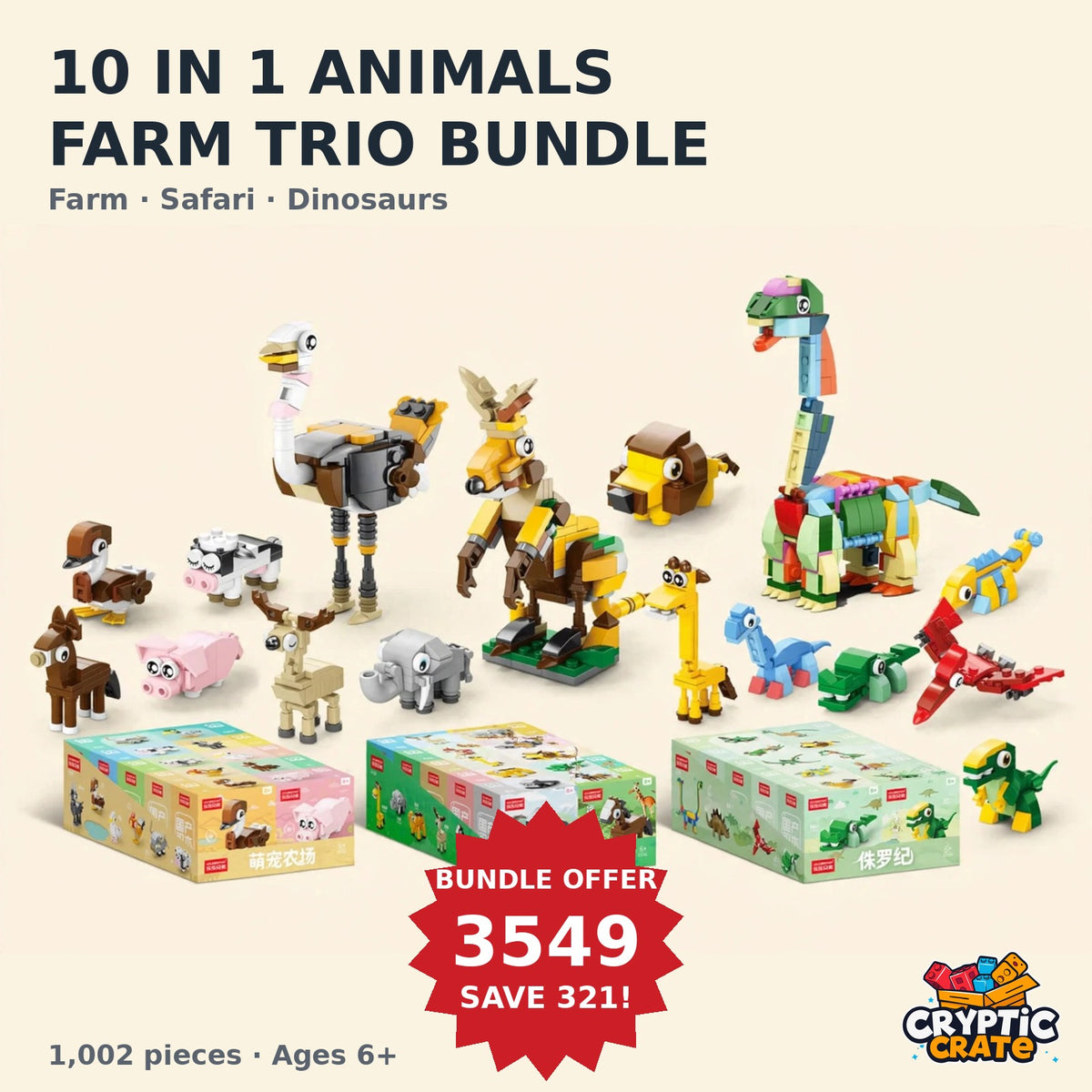 10 in 1 Animal Trio Bundle — Farm, Safari and Dinosaurs sets with their display boxes and built models