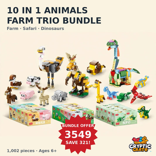 10 in 1 Animal Trio Bundle — Farm, Safari and Dinosaurs sets with their display boxes and built models