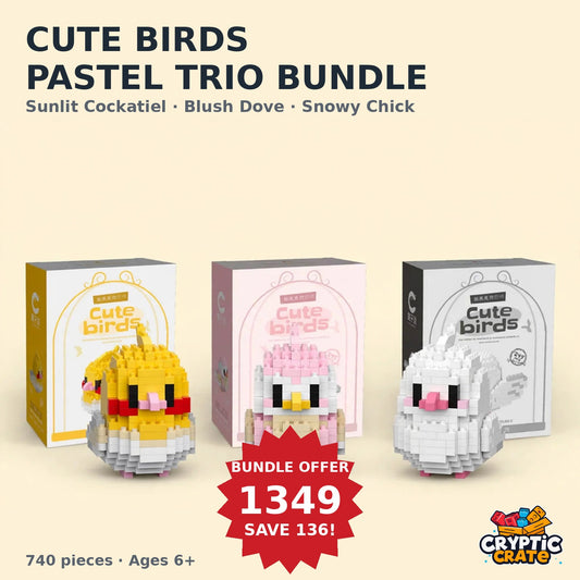 Cute Birds Pastel Trio Bundle — Sunlit Cockatiel, Blush Dove and Snowy Chick with their boxes