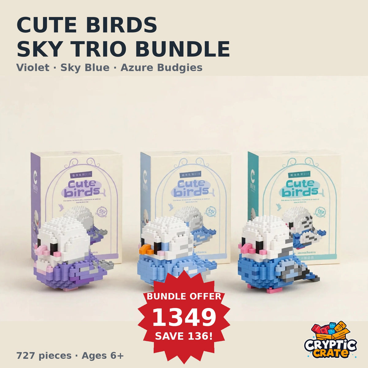 Cute Birds Sky Trio Bundle — Violet, Sky Blue and Azure Budgies with their boxes