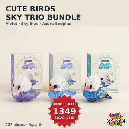Cute Birds Sky Trio Bundle — Violet, Sky Blue and Azure Budgies with their boxes