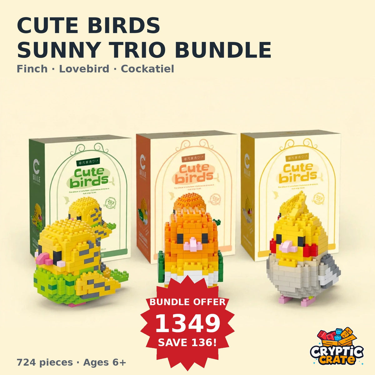Cute Birds Sunny Trio Bundle — Golden Finch, Amber Lovebird and Sunny Cockatiel with their boxes