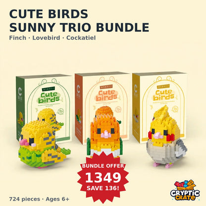 Cute Birds Sunny Trio Bundle — Golden Finch, Amber Lovebird and Sunny Cockatiel with their boxes