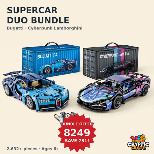 Supercar Duo Bundle — Bugatti and Cyberpunk Lamborghini with their container boxes and motor kit