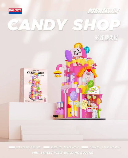 Candy Shop Mini Street View building set — 498 pcs, model and box