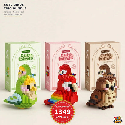Cute Birds Trio Bundle – Parakeet, Macaw & Owl (740 pcs)