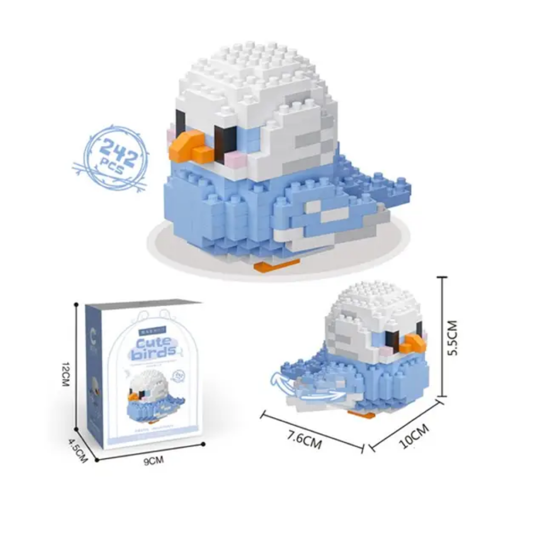 Sky Blue Budgie DIY Cute Birds building set — 242 pcs, size and box