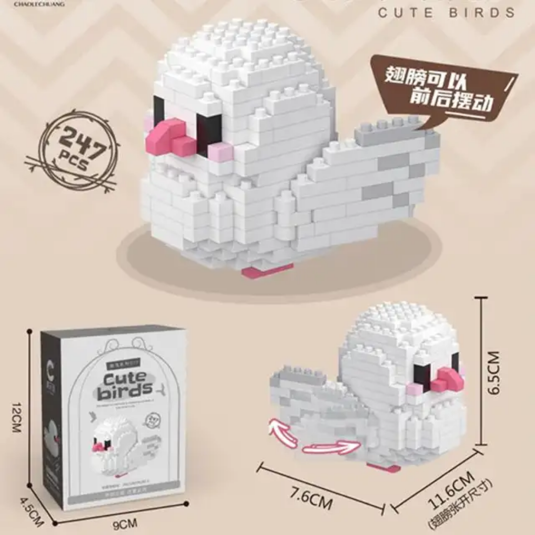 Snowy Chick DIY Cute Birds building set — 247 pcs, size and box