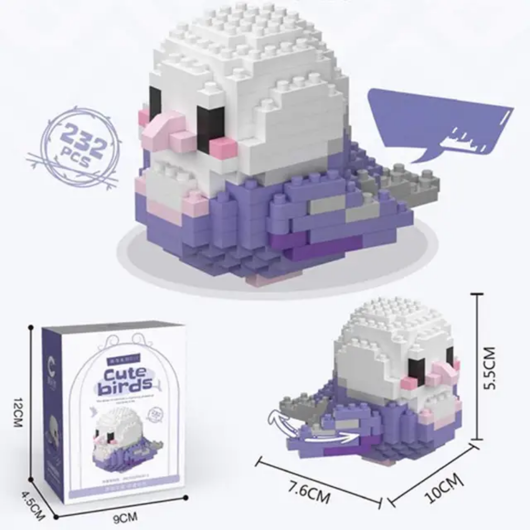 Violet Budgie DIY Cute Birds building set — 232 pcs, size and box